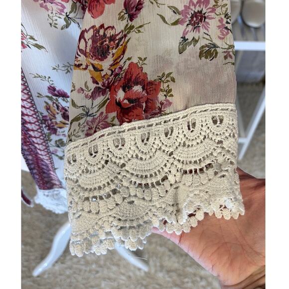 Jolt Womens Sz L Open Front Cream Floral Lace Trim Kimono, Cover Up Blouse #0169 - Picture 15 of 16